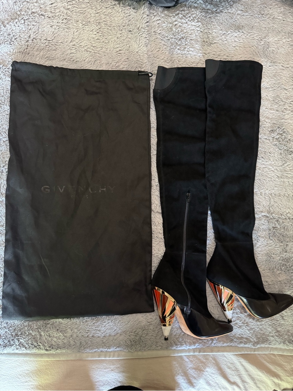 Givenchy Black Over-The-Knee Suede Boots with Multicolor Sculpted Heels